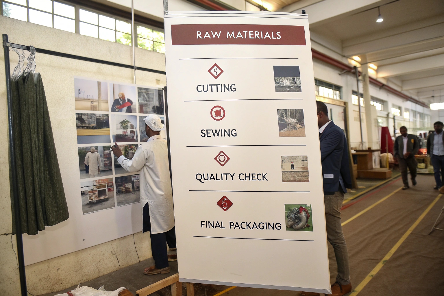 Garment manufacturing process board displaying raw materials, cutting, sewing, quality check, and final packaging.