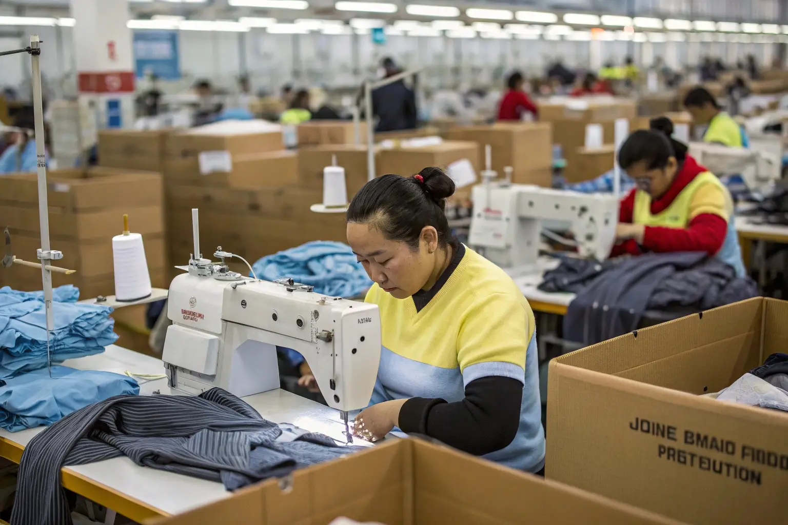 Workers sewing garments in a large clothing factory, using industrial sewing machines.