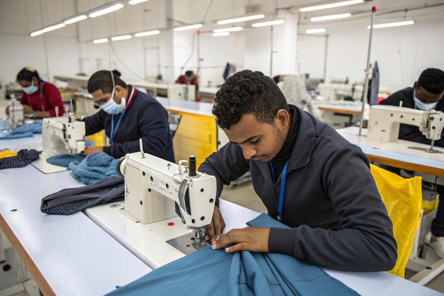Garment factory workers sewing clothing using industrial machines in a well-lit workspace.