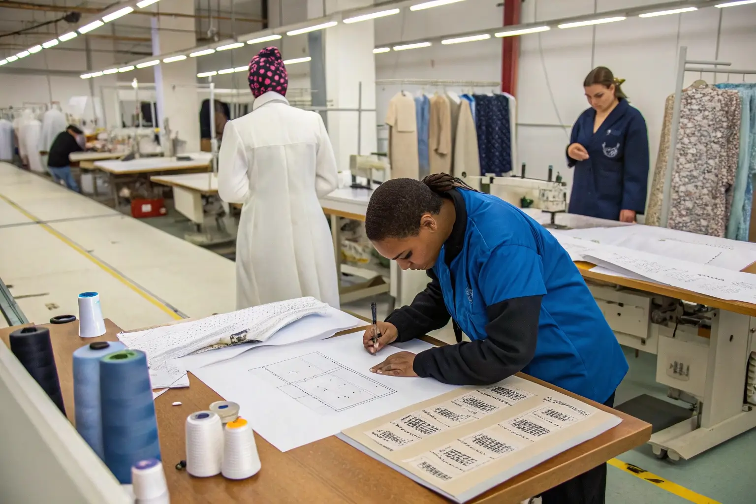 Fashion designer creating clothing patterns in a garment factory with sewing stations.