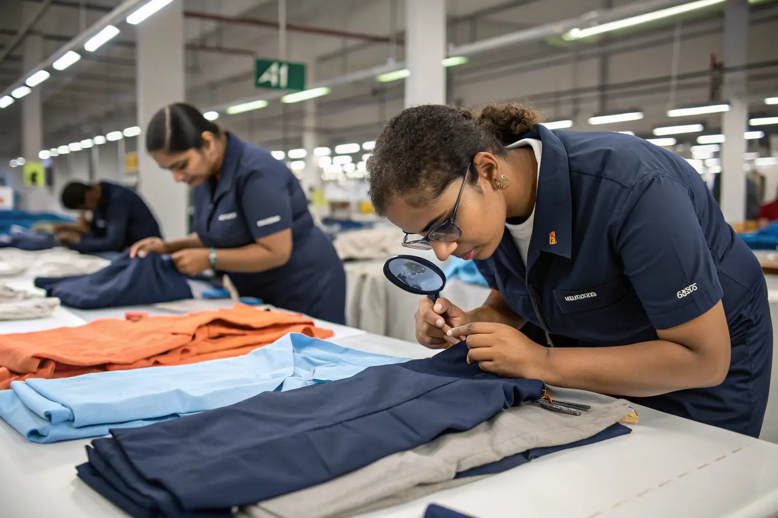 Quality control inspectors examining garments in a clothing factory for defects.