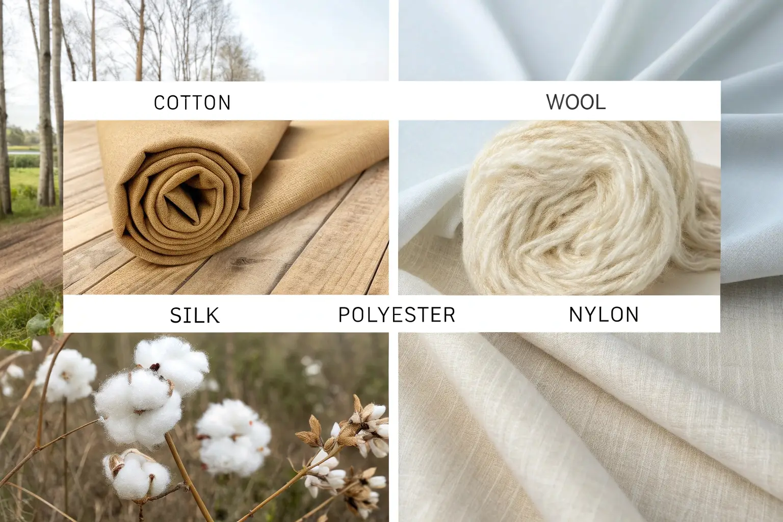 Different fabric types including cotton, wool, silk, polyester, and nylon with raw materials.