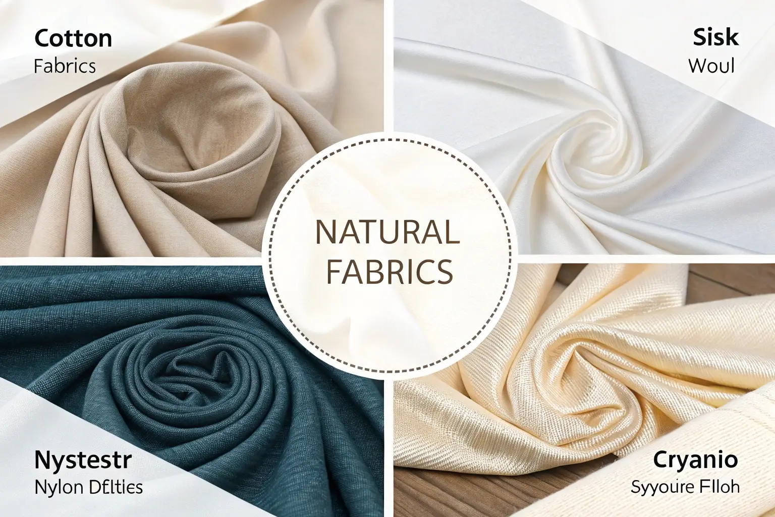 Various natural fabric types including cotton, wool, and silk in different textures.