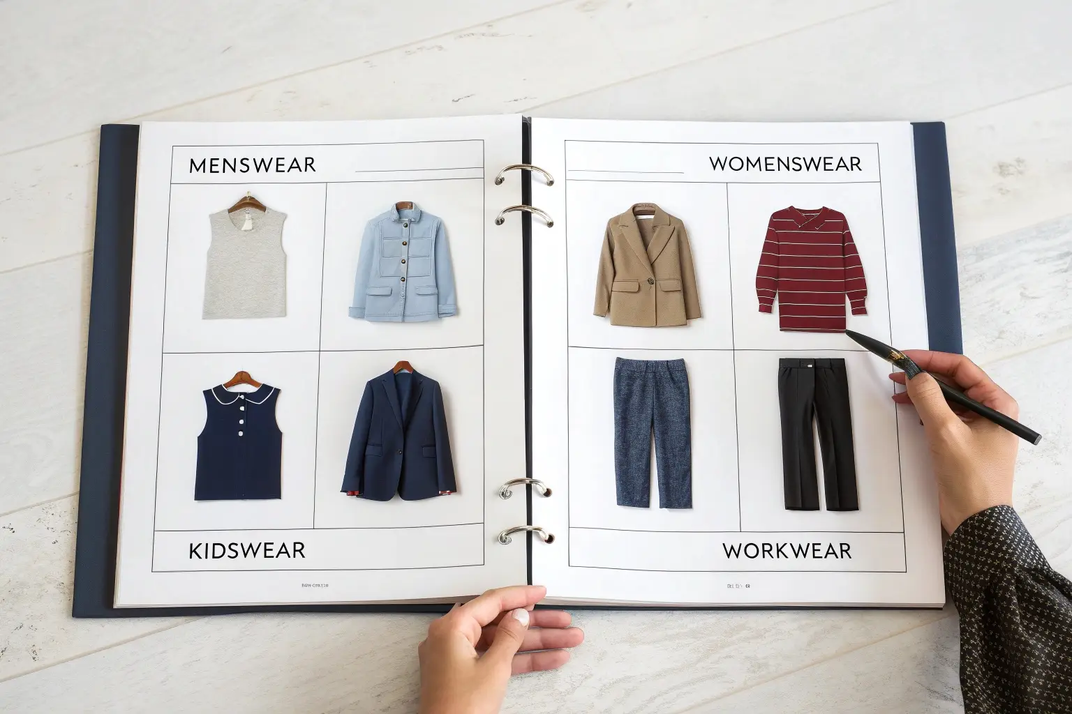 Clothing catalog showcasing menswear, womenswear, kidswear, and workwear