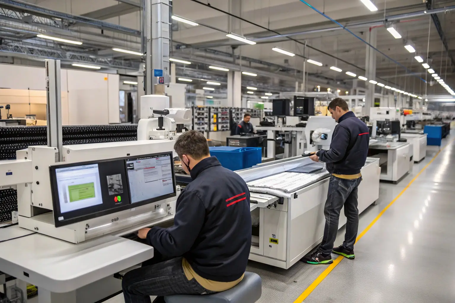 Modern textile factory with workers operating automated machines