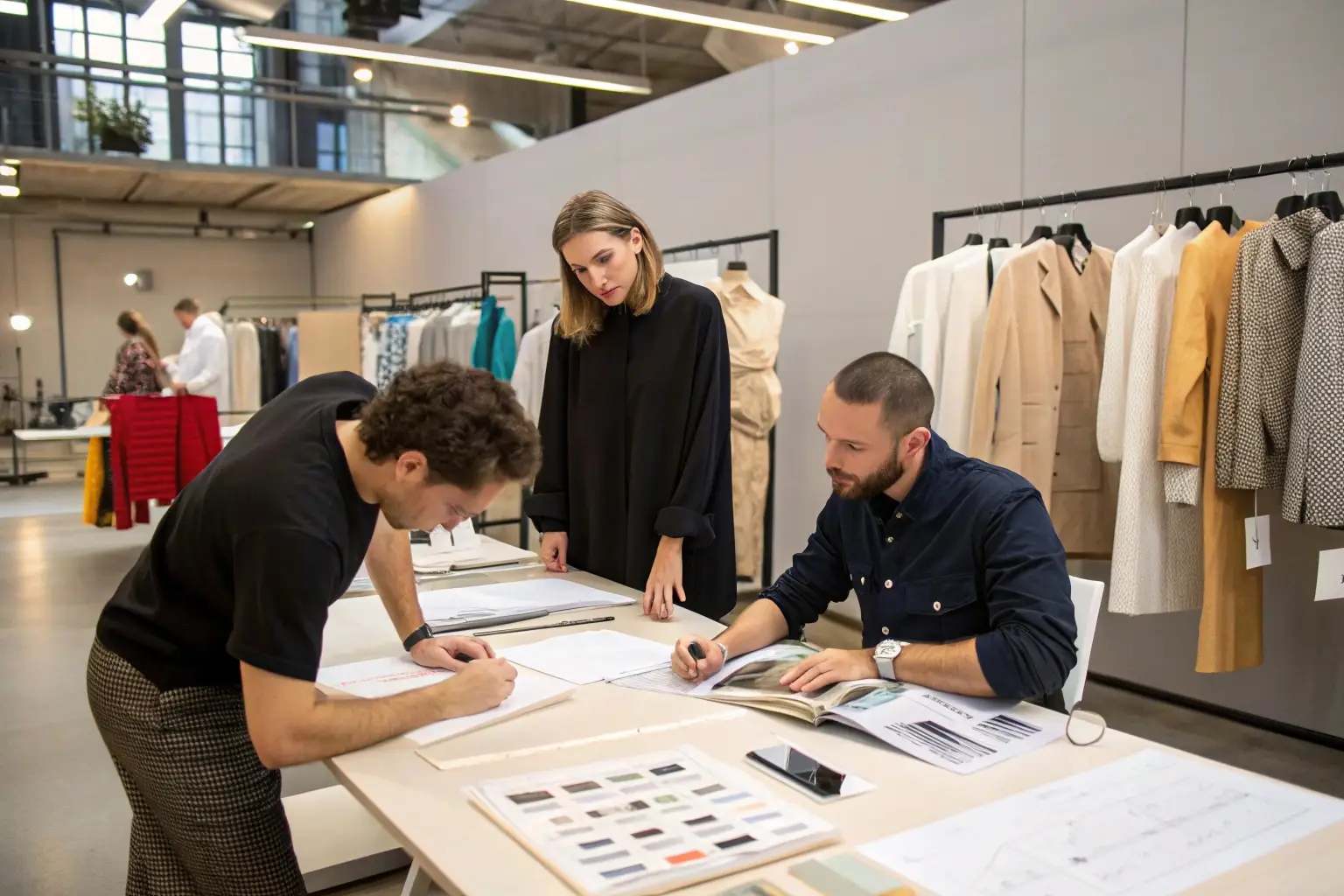 Fashion designers collaborating on clothing collection development
