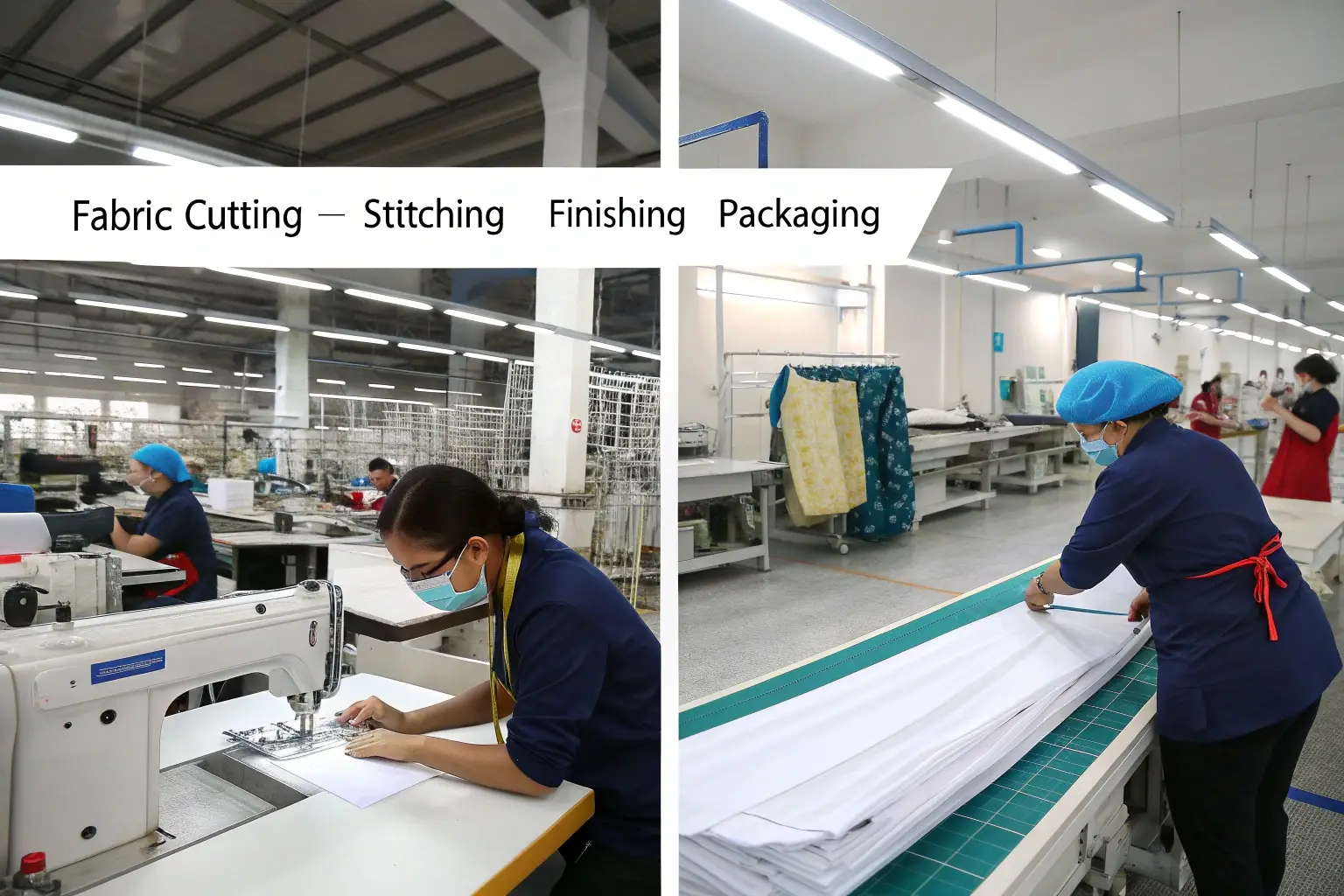 Garment production process including fabric cutting, stitching, finishing, and packaging