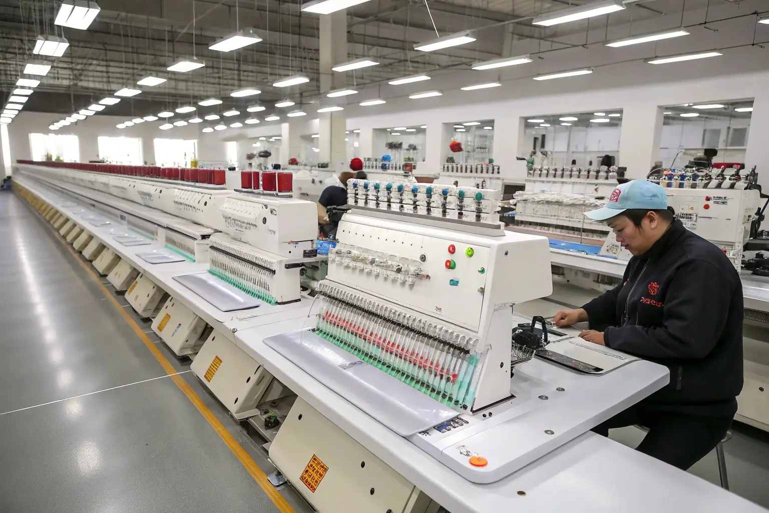 Industrial embroidery machines operating in a garment factory