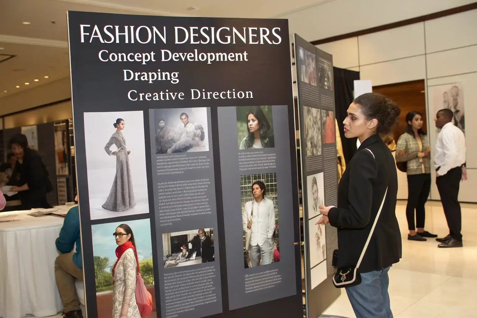 Fashion design exhibition, woman observing fashion display board