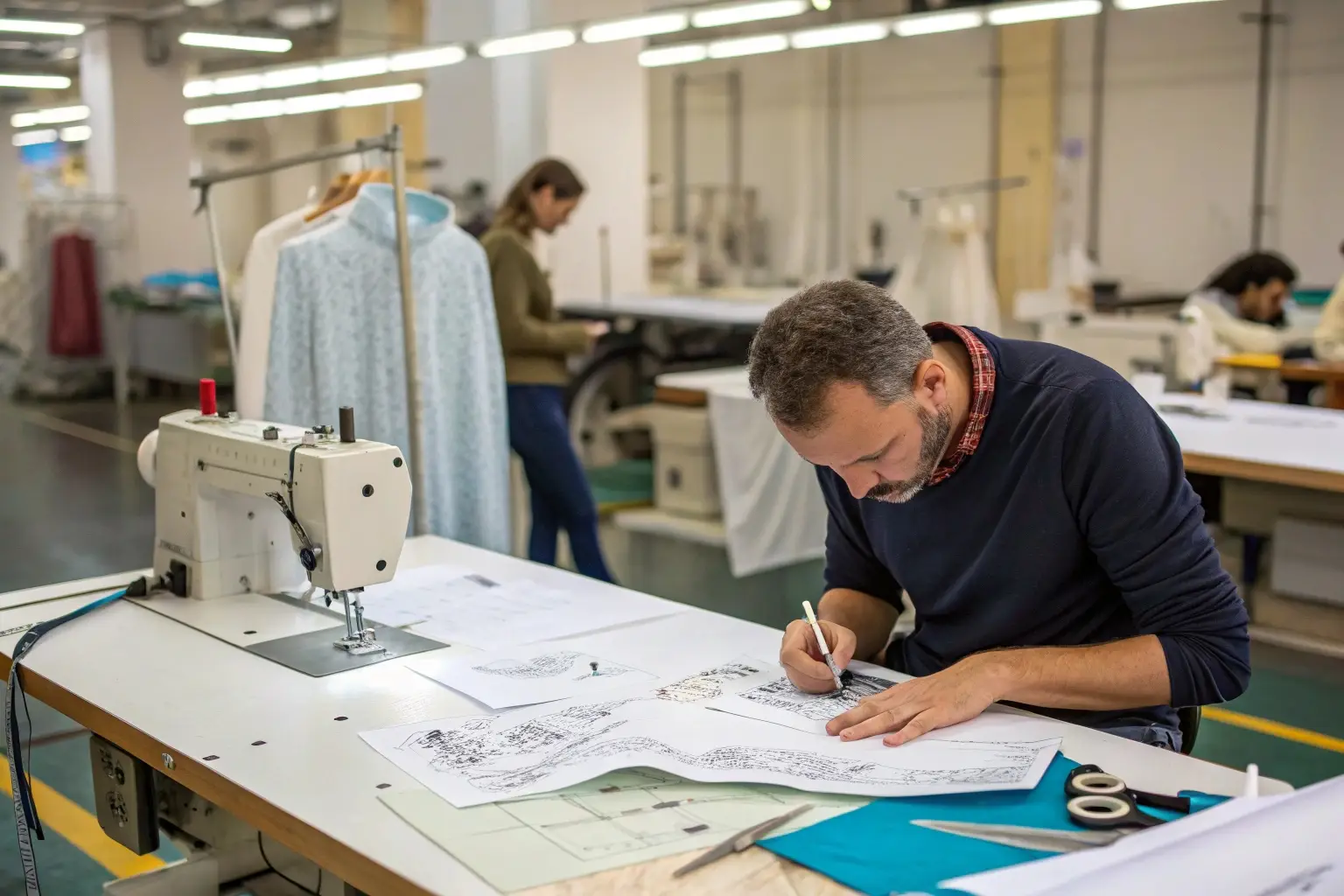 Fashion designer sketching, garment production process