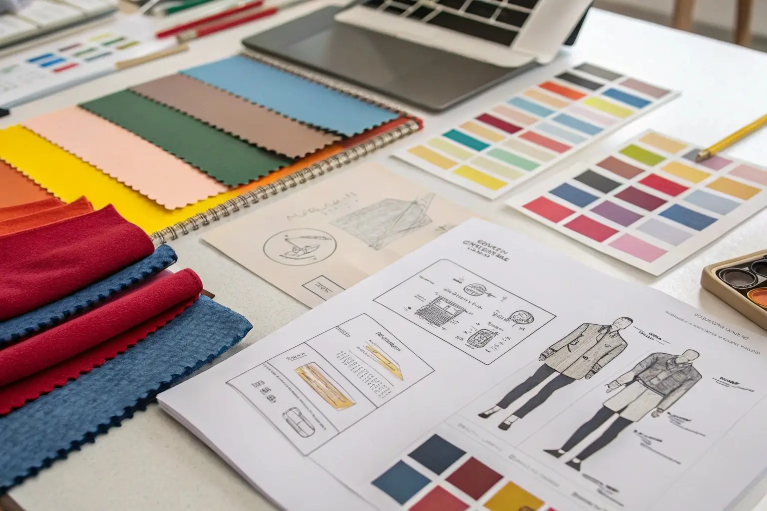Fashion design workspace, fabric swatches and sketches