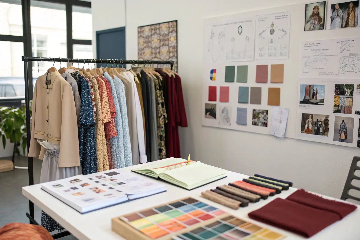 Fashion design studio, clothing samples and fabric swatches