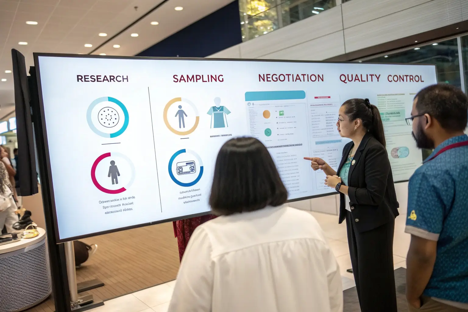 Business presentation on supply chain process, including research, sampling, negotiation, and quality control