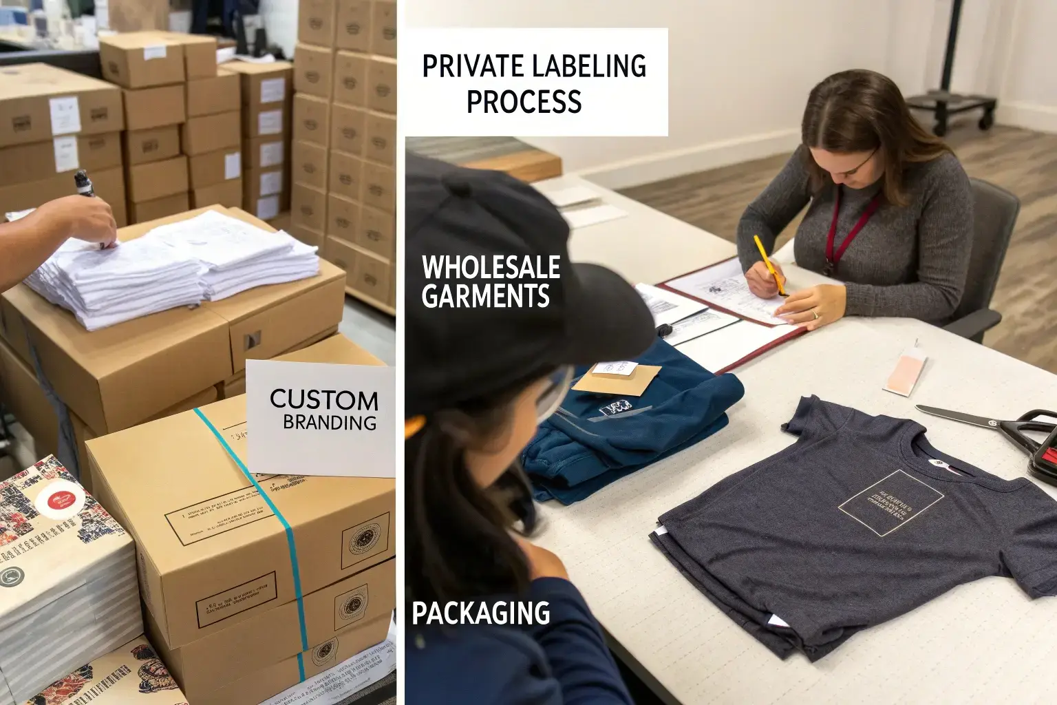 Private labeling process with custom branding, wholesale garments, and packaging