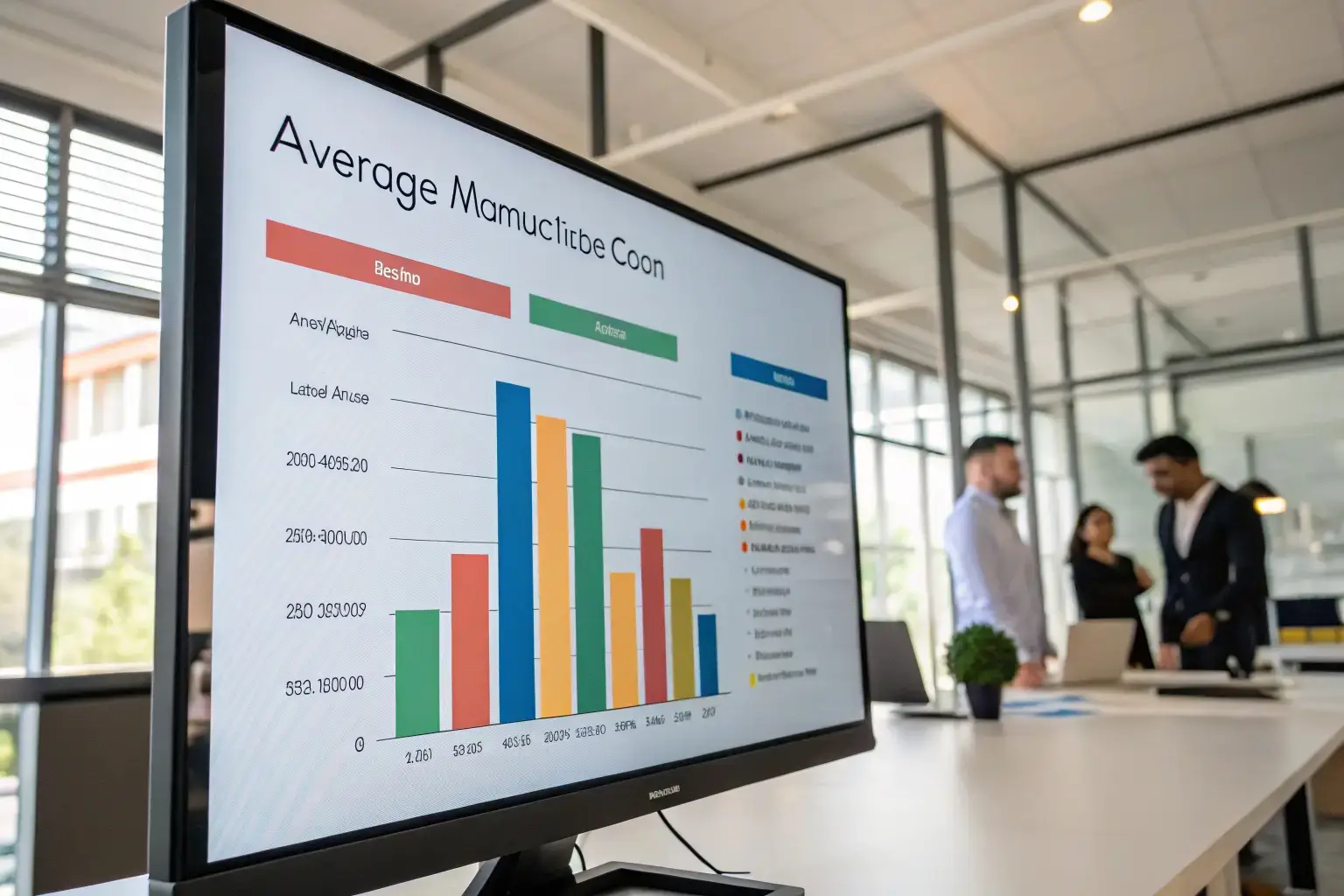 Business meeting with data analysis on a presentation screen