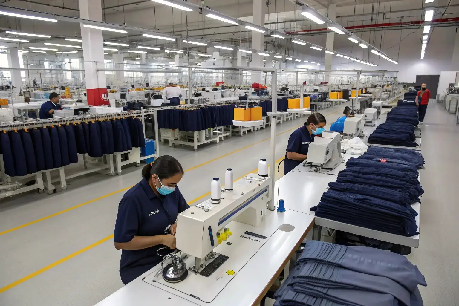 Workers in a large garment factory engaged in clothing production
