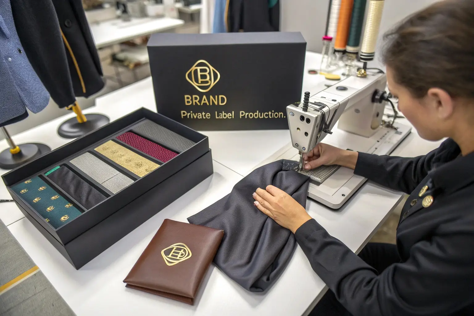 Private label clothing production with custom branding and fabric selection