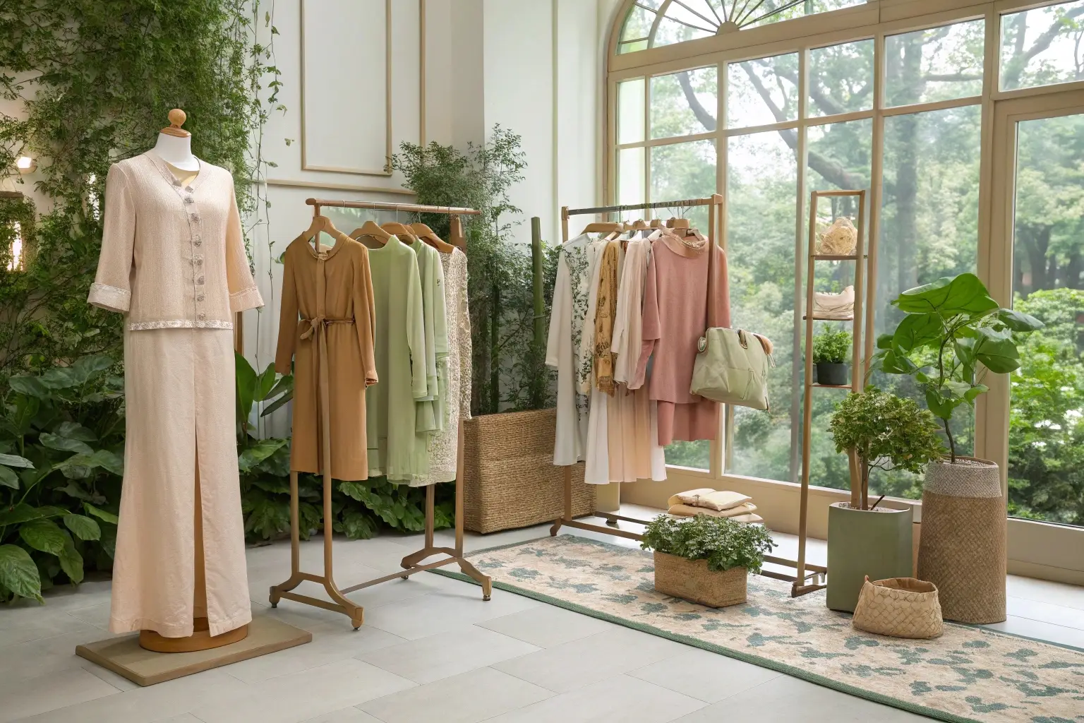 Elegant sustainable fashion collection displayed in a nature-inspired showroom