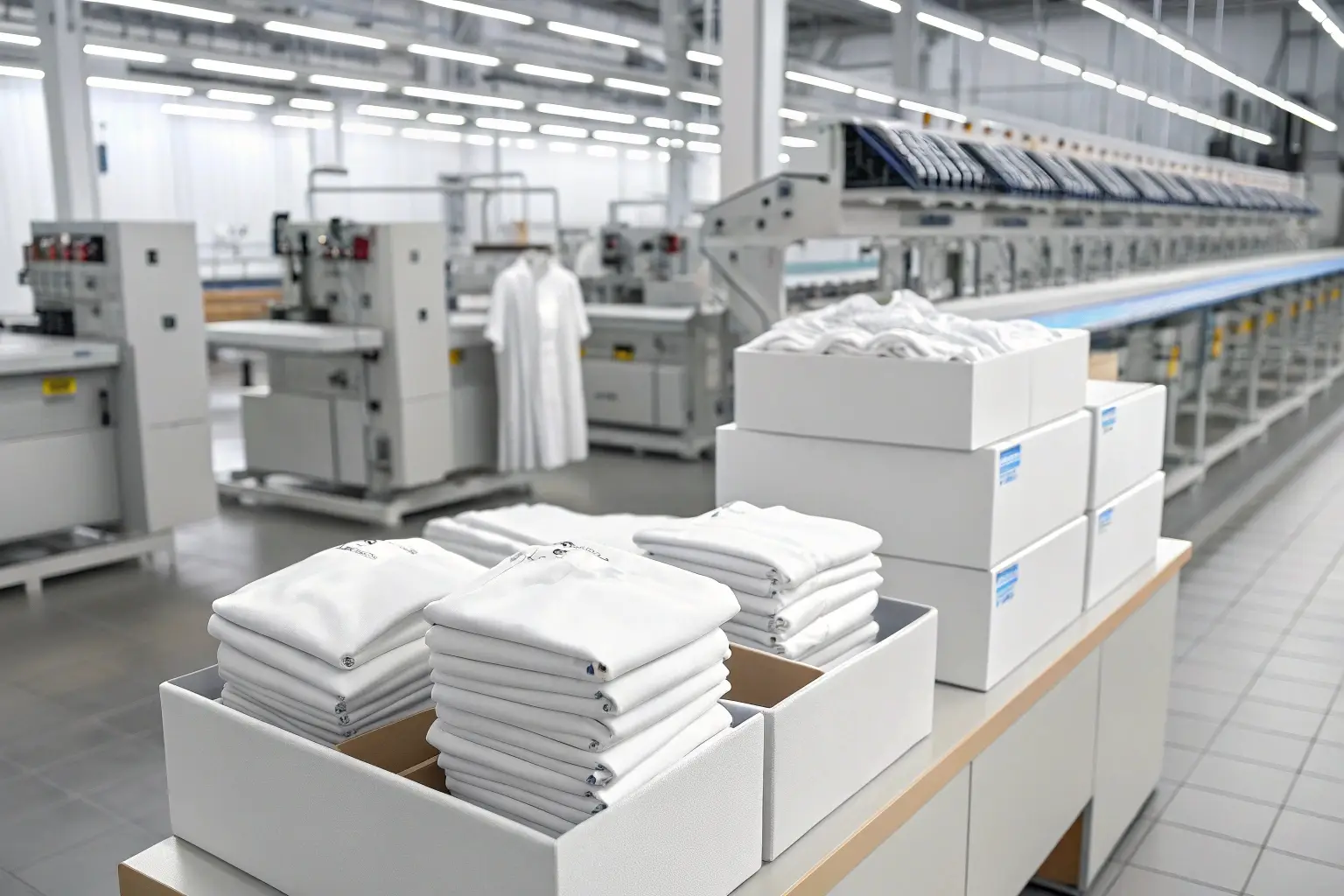 Modern textile factory with neatly packed white garments ready for shipment