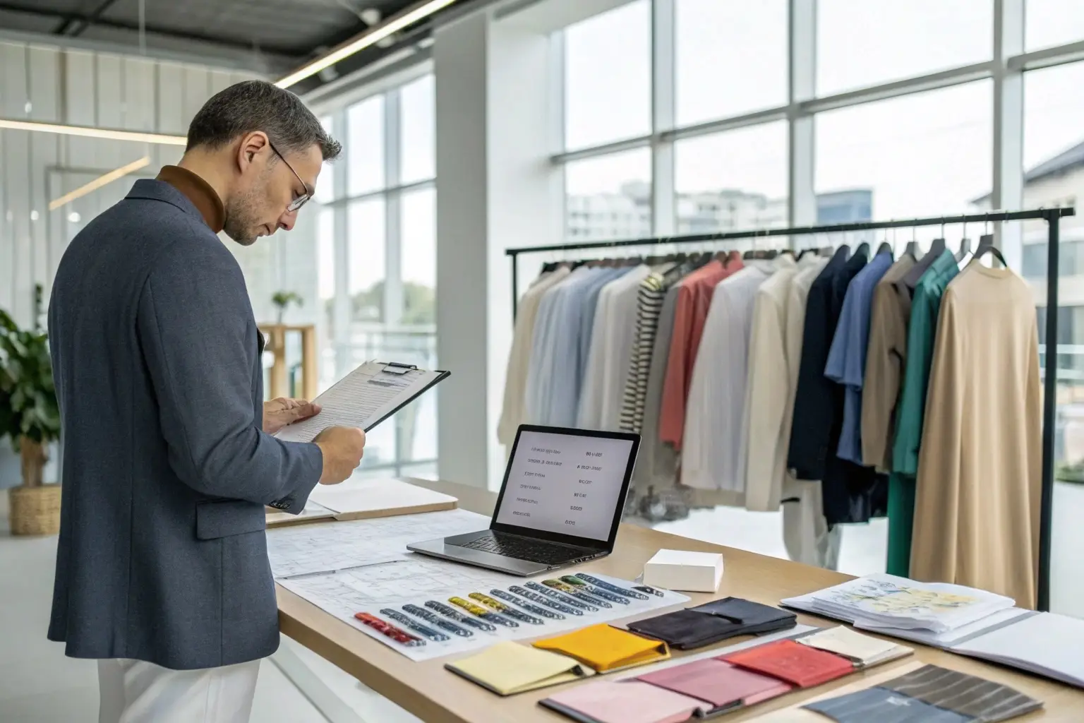 Fashion designer reviewing production details in a modern showroom