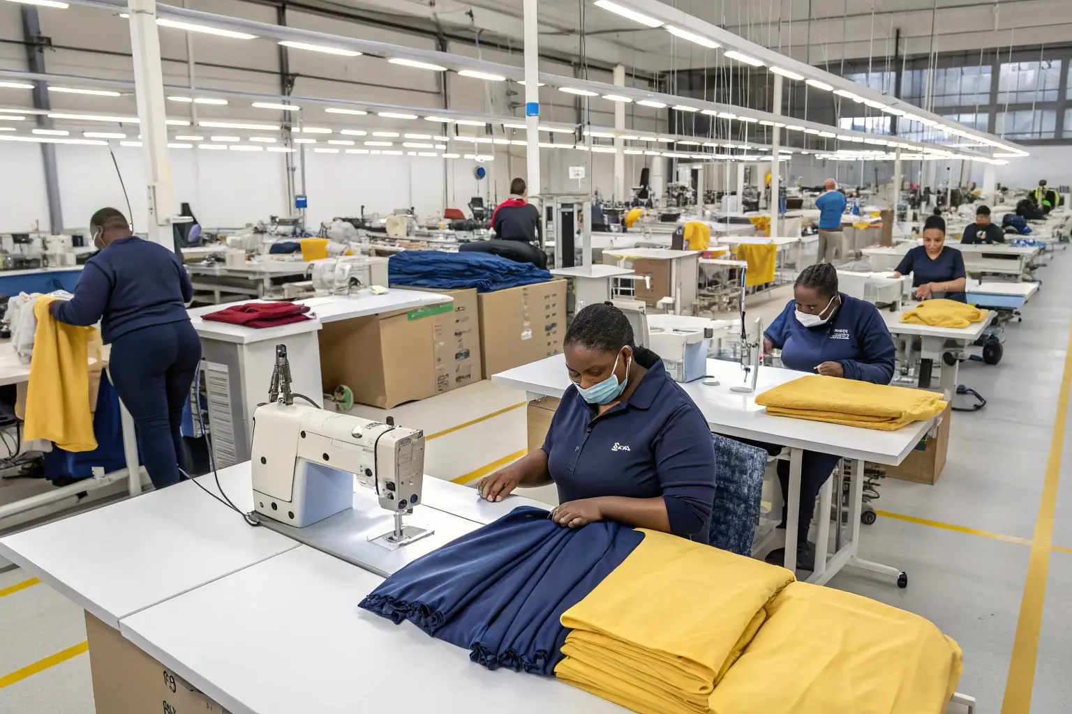 Workers sewing garments in a large-scale clothing manufacturing facility