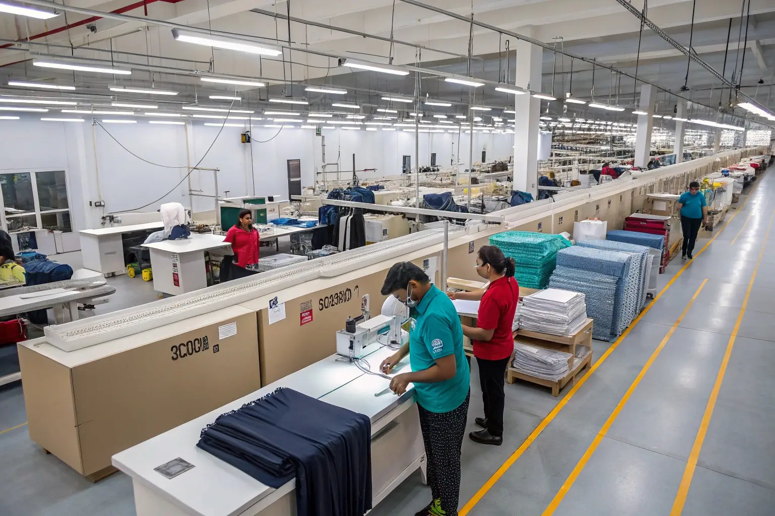 Workers in a large garment factory engaged in textile production