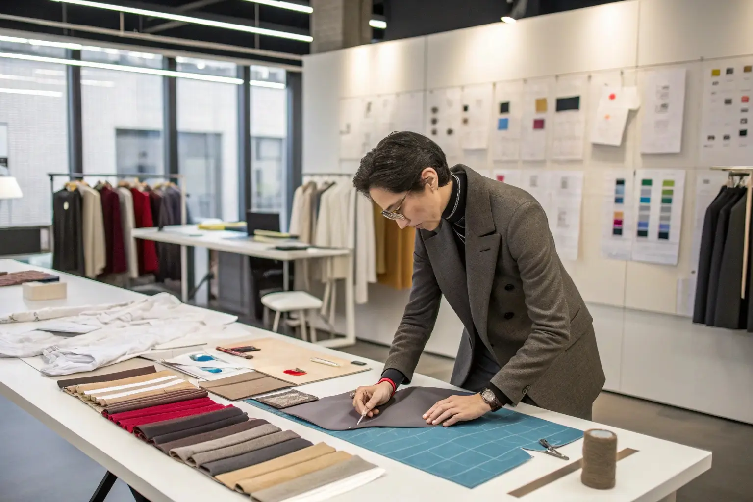 Fashion designer working on fabric selection and garment patterns