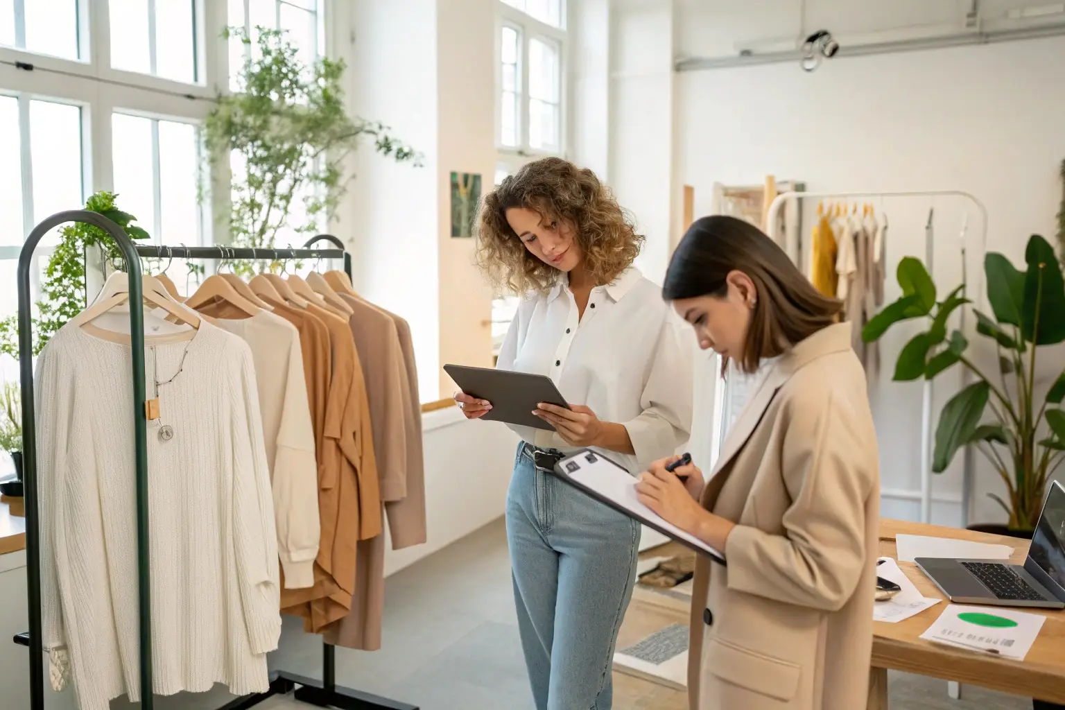 Fashion buyers reviewing a sustainable clothing collection