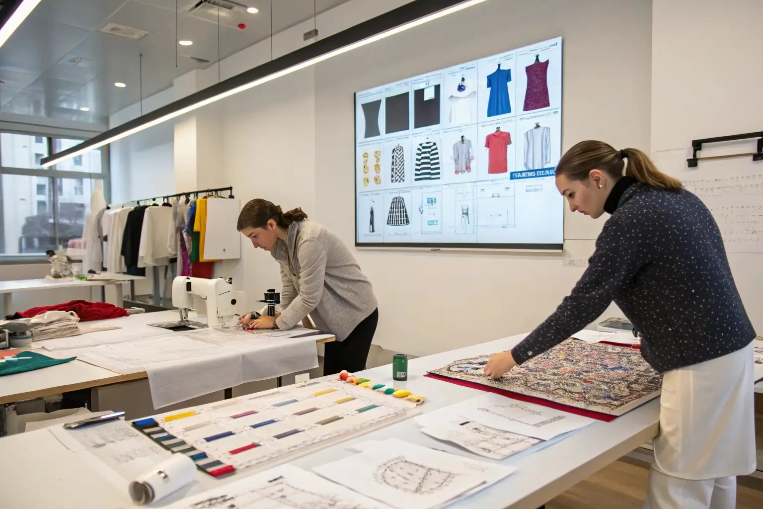 Fashion designers working on garment patterns and fabric selection