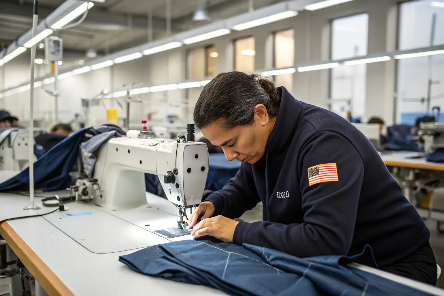 Skilled worker sewing garments in a professional clothing factory