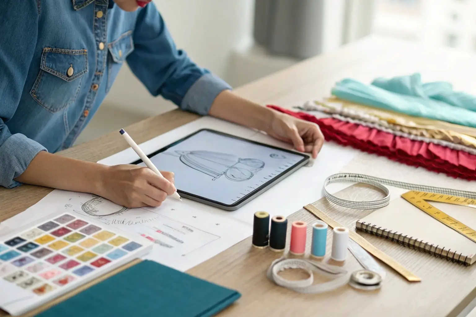Fashion designer sketching dress designs on a digital tablet