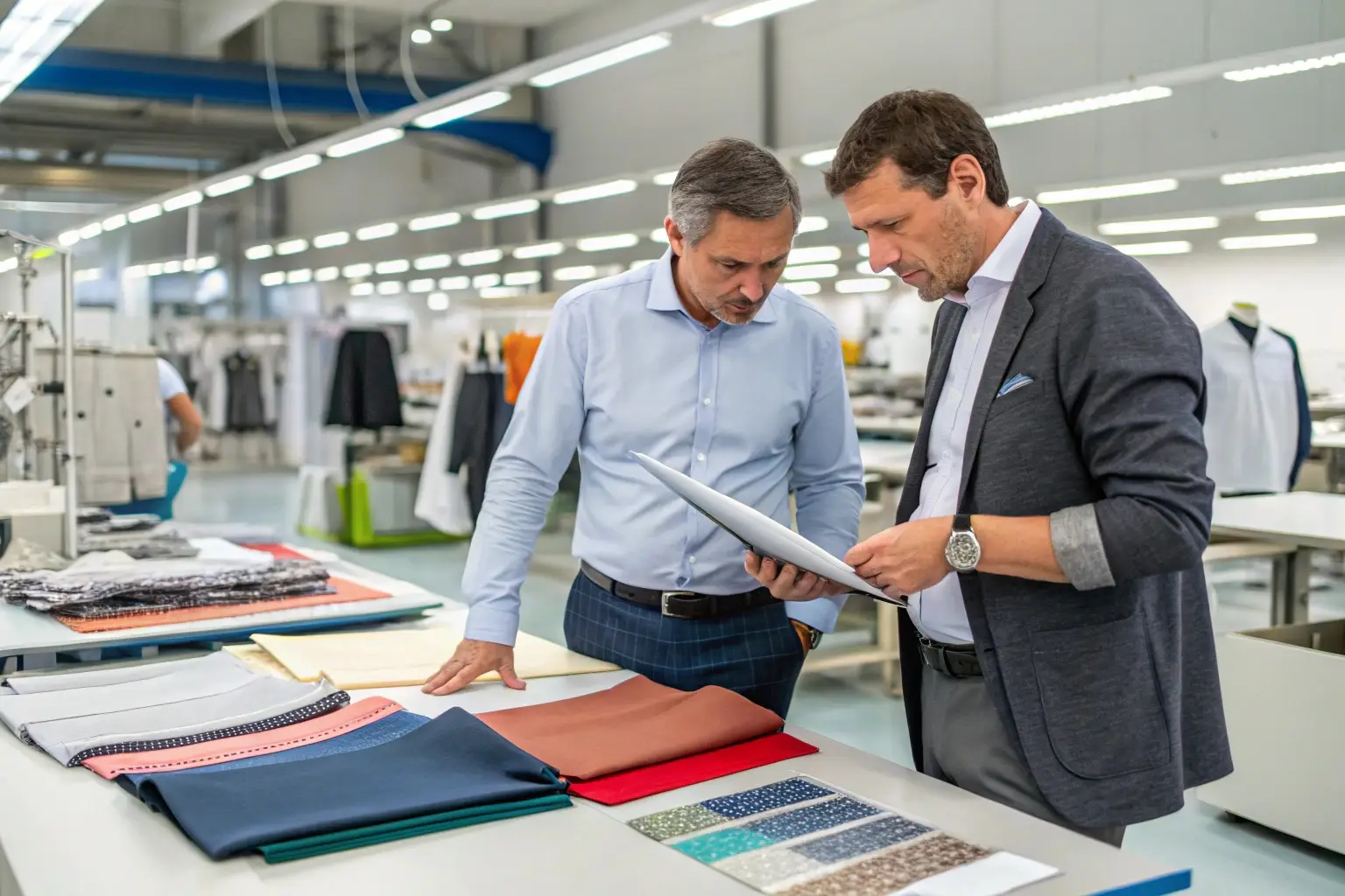 Business professionals selecting fabrics in a garment manufacturing facility