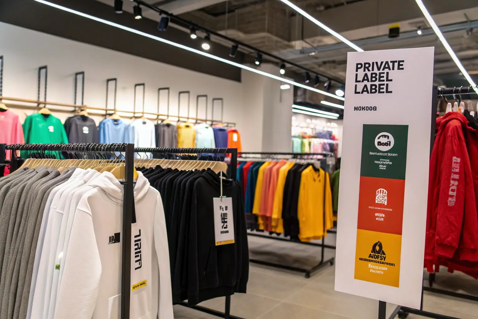 Private label hoodie collection displayed in a clothing store