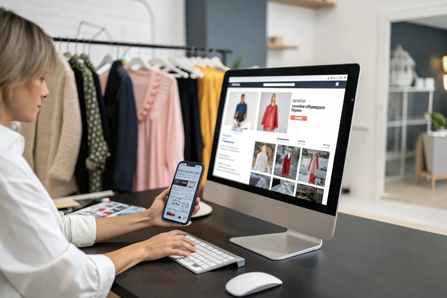 Woman managing an online fashion store on a desktop and phone