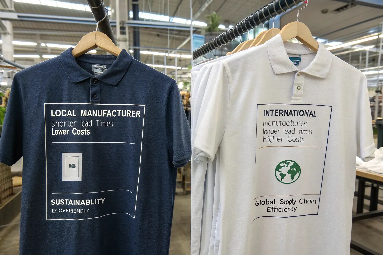 Custom polo shirts with manufacturer comparison, navy and white