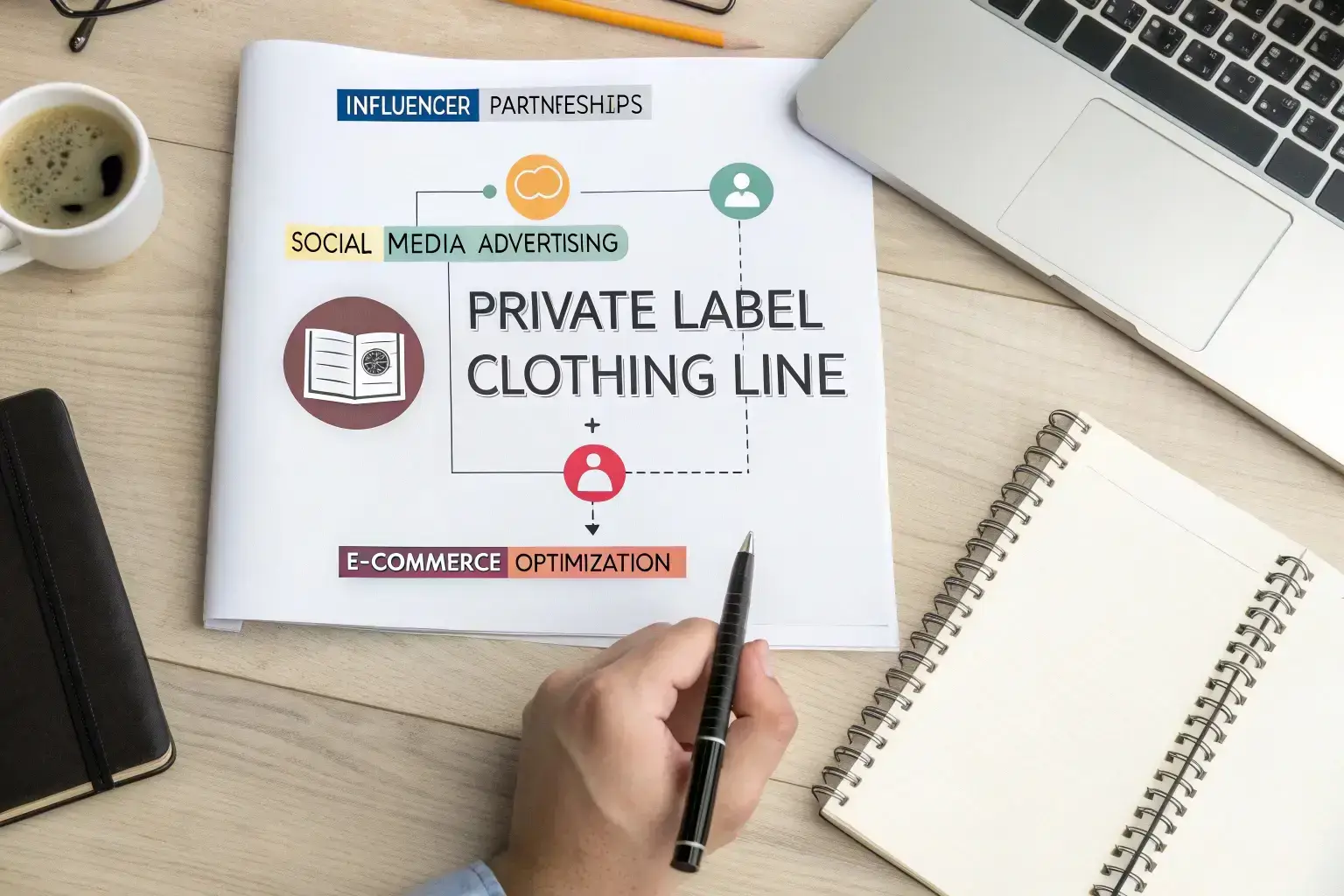 Private label clothing line strategy with marketing elements