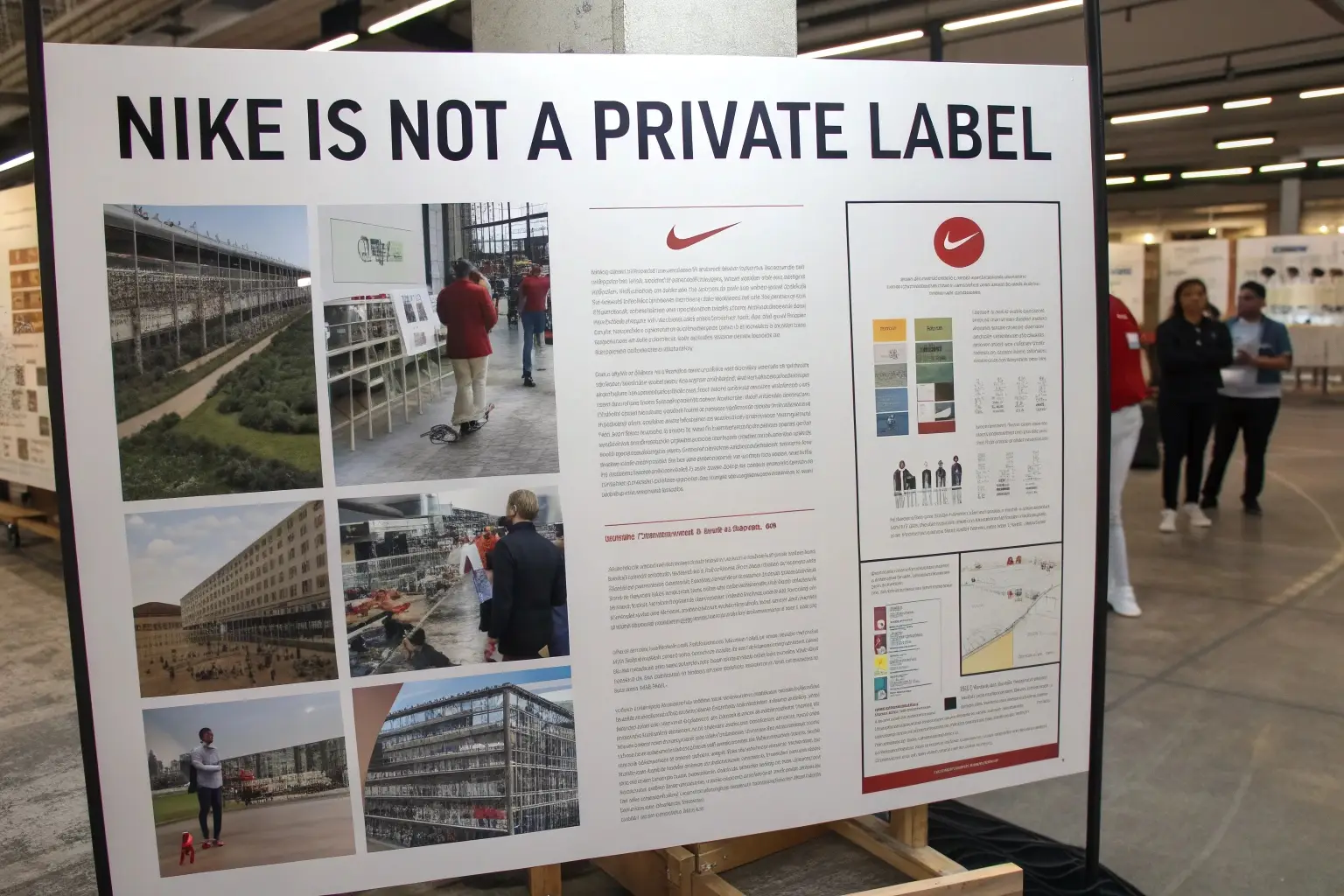 Informational board explaining Nike's branding and manufacturing model