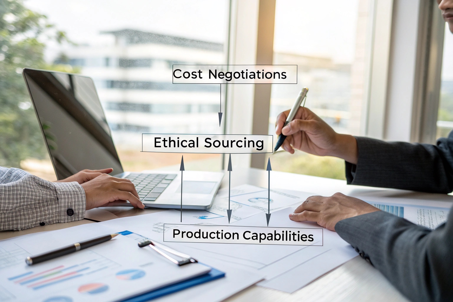 Business meeting on cost negotiations, ethical sourcing, and production