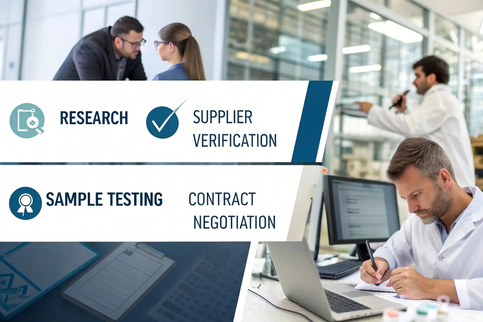 Supplier research, verification, and sample testing process