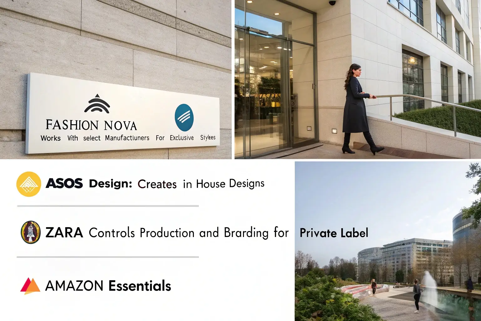 Private label clothing brands including Fashion Nova, ASOS, Zara, and Amazon Essentials