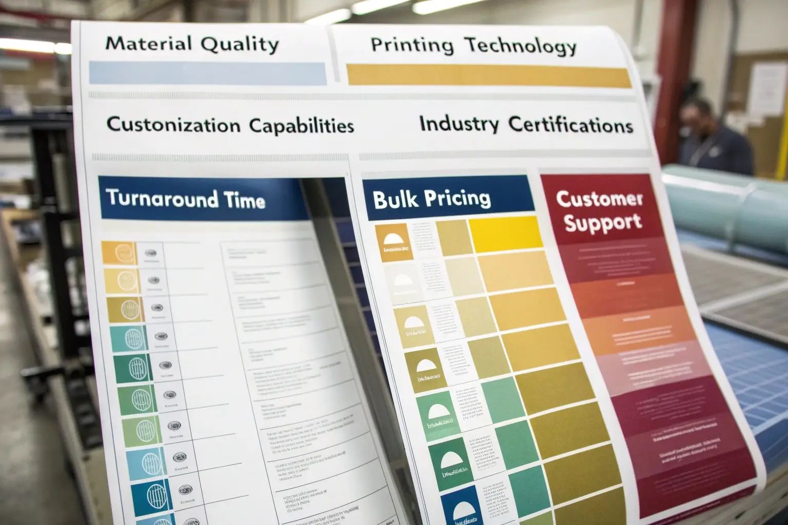 Printing Guide Printing quality chart, showcasing material, turnaround time, and pricing