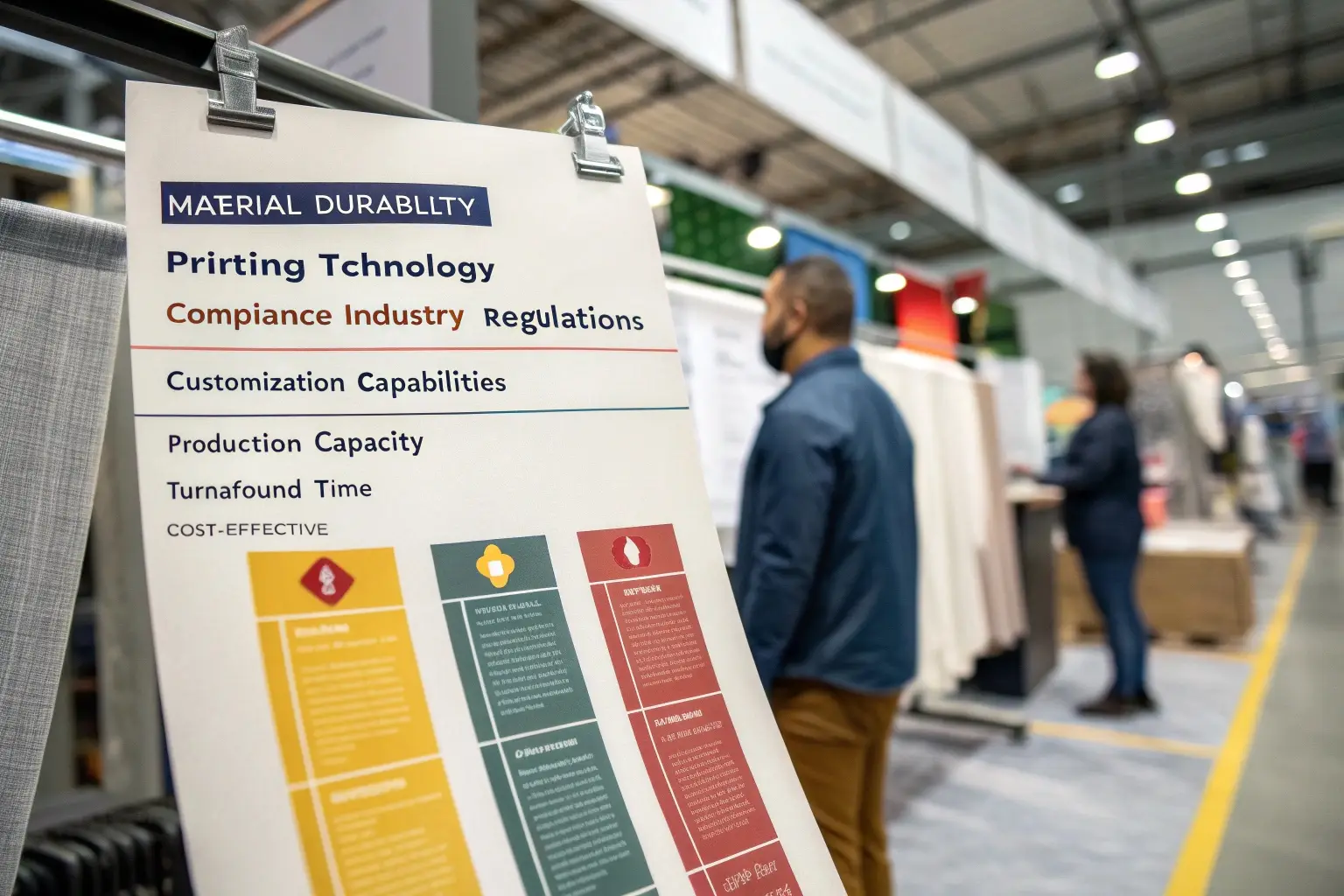 Material Durability Fabric durability chart at textile exhibition, highlighting customization