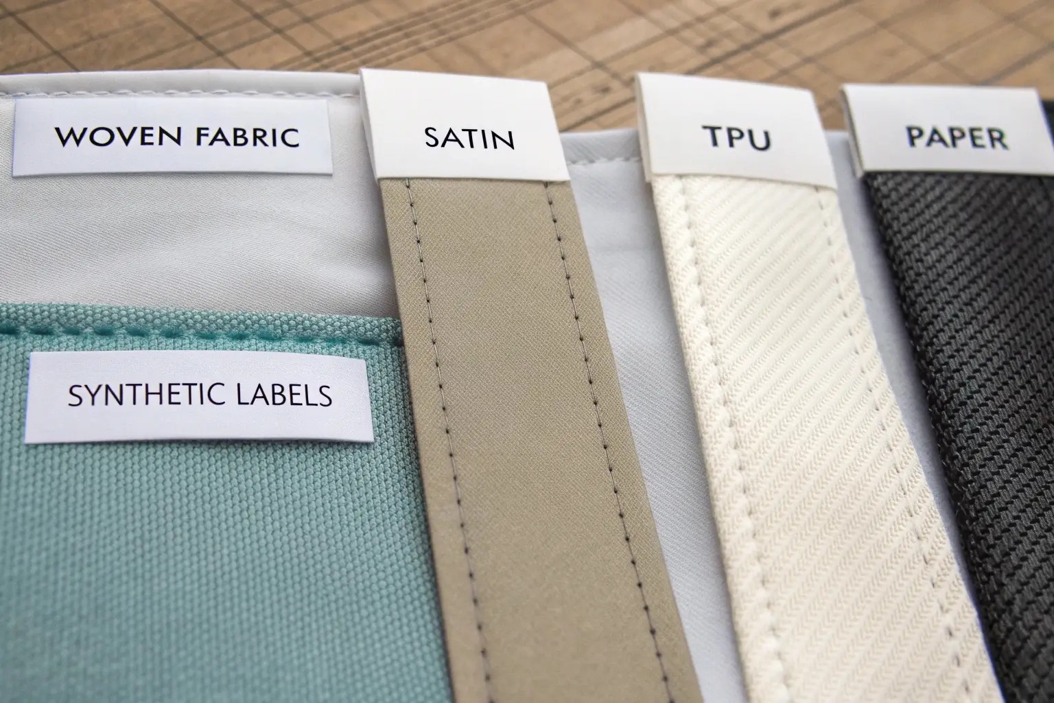 Various fabric label materials including woven, satin, and TPU