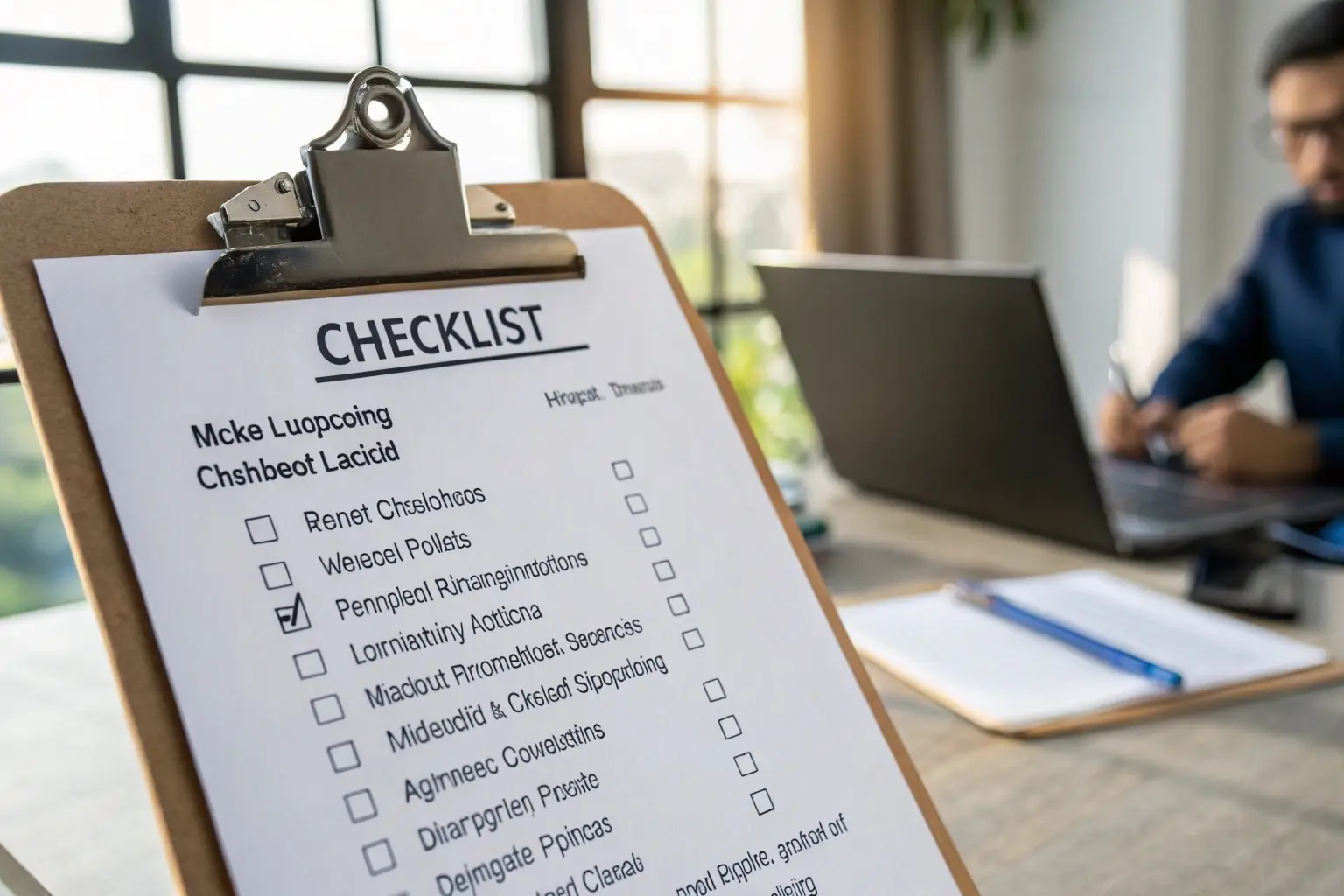 Business checklist on clipboard with office background