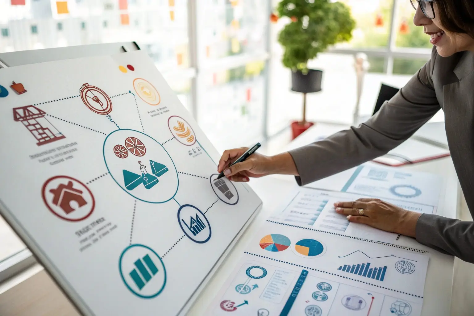 Businesswoman analyzing strategic business plan with infographics