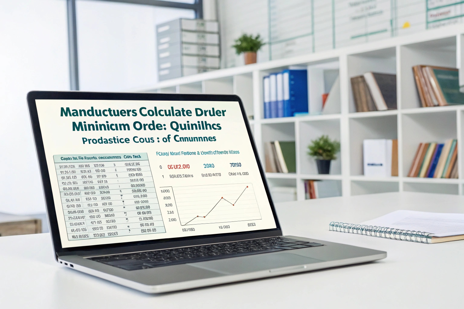 Laptop displaying manufacturing cost calculation and order analysis