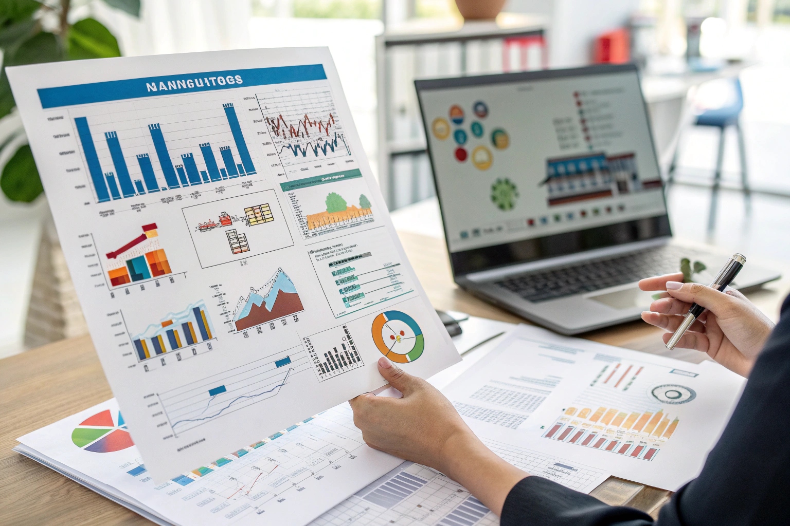 Business professional analyzing financial and market data reports