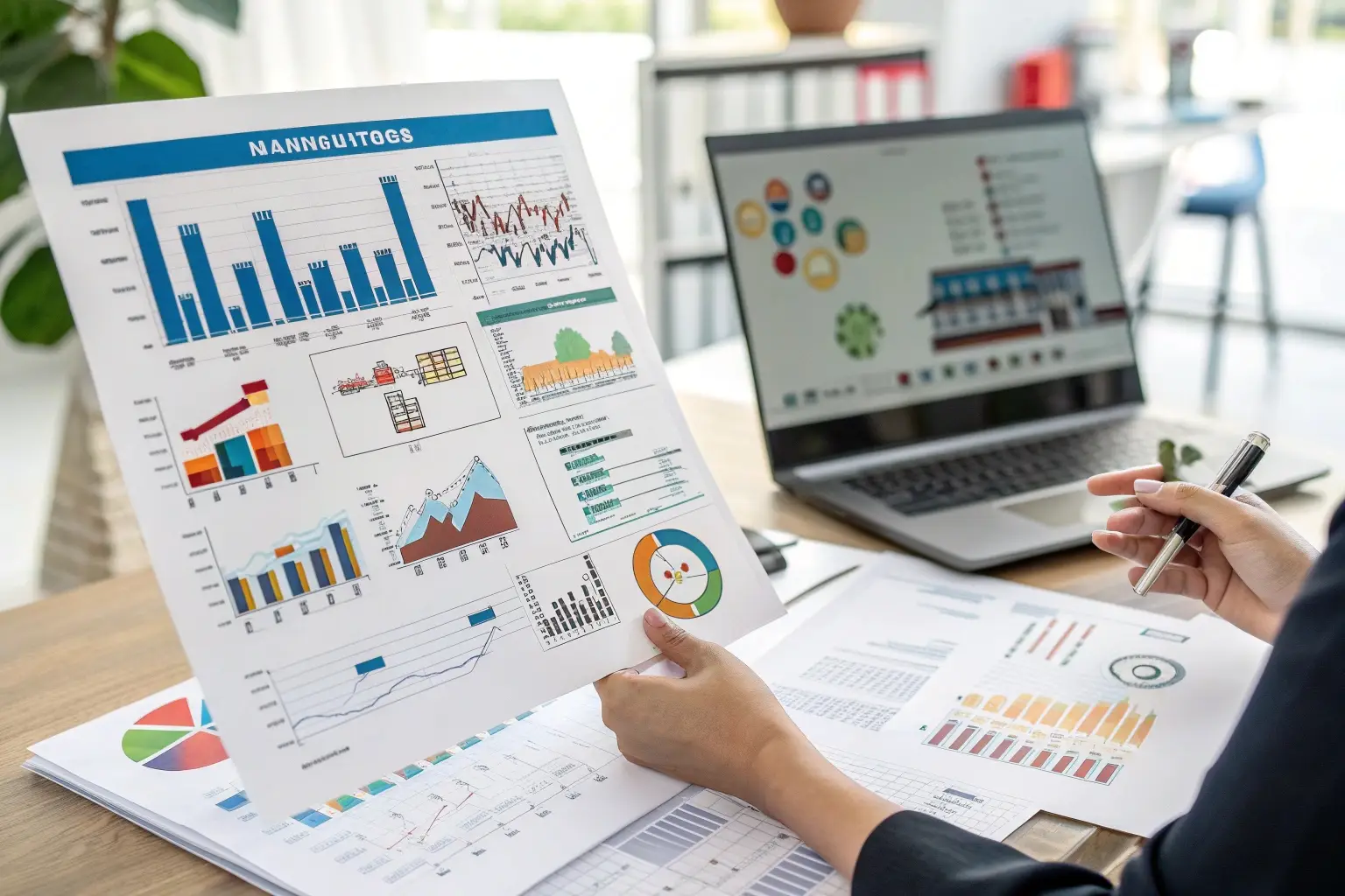 Business professional analyzing financial and market data reports