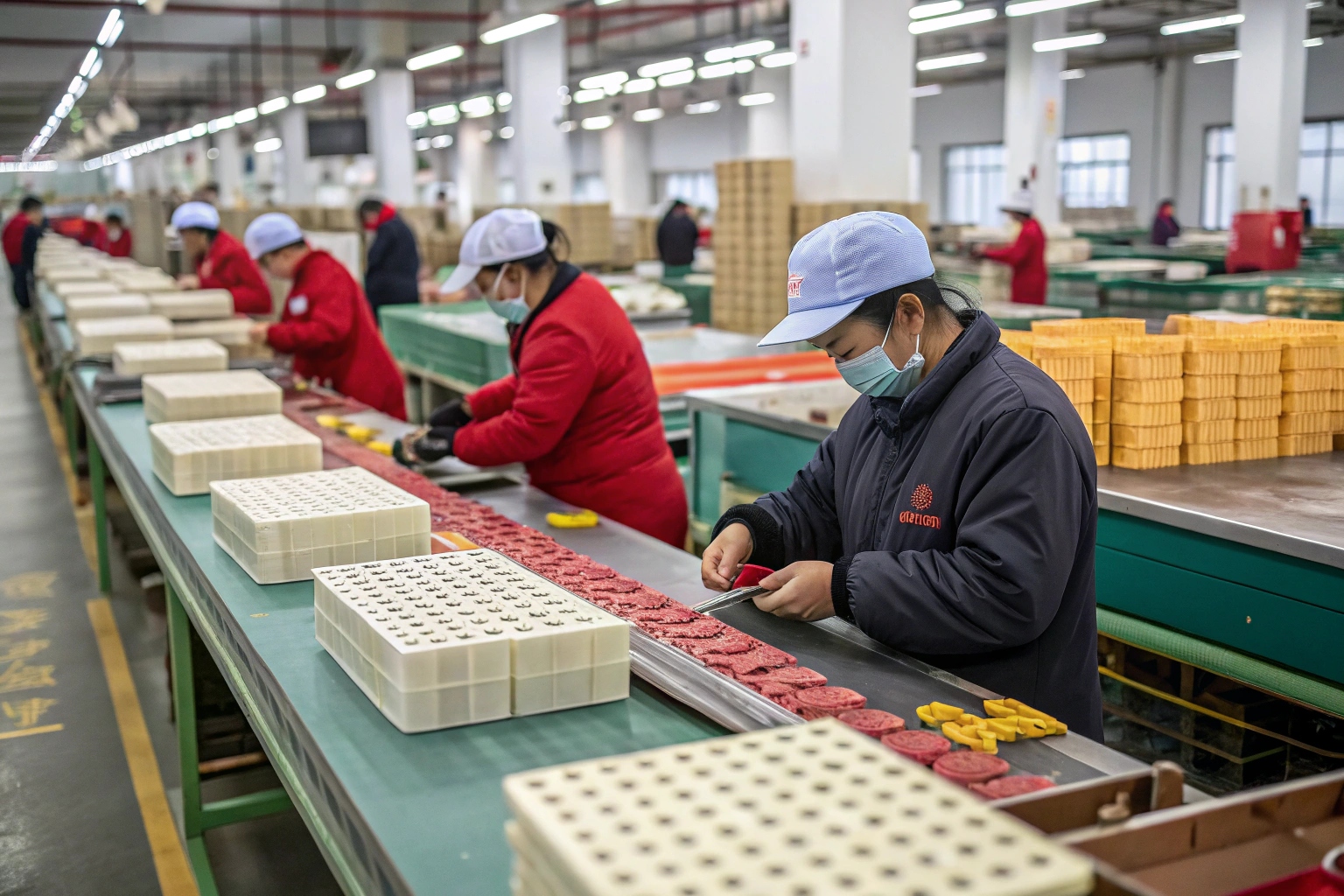 Workers in a food production factory assembling baked goods