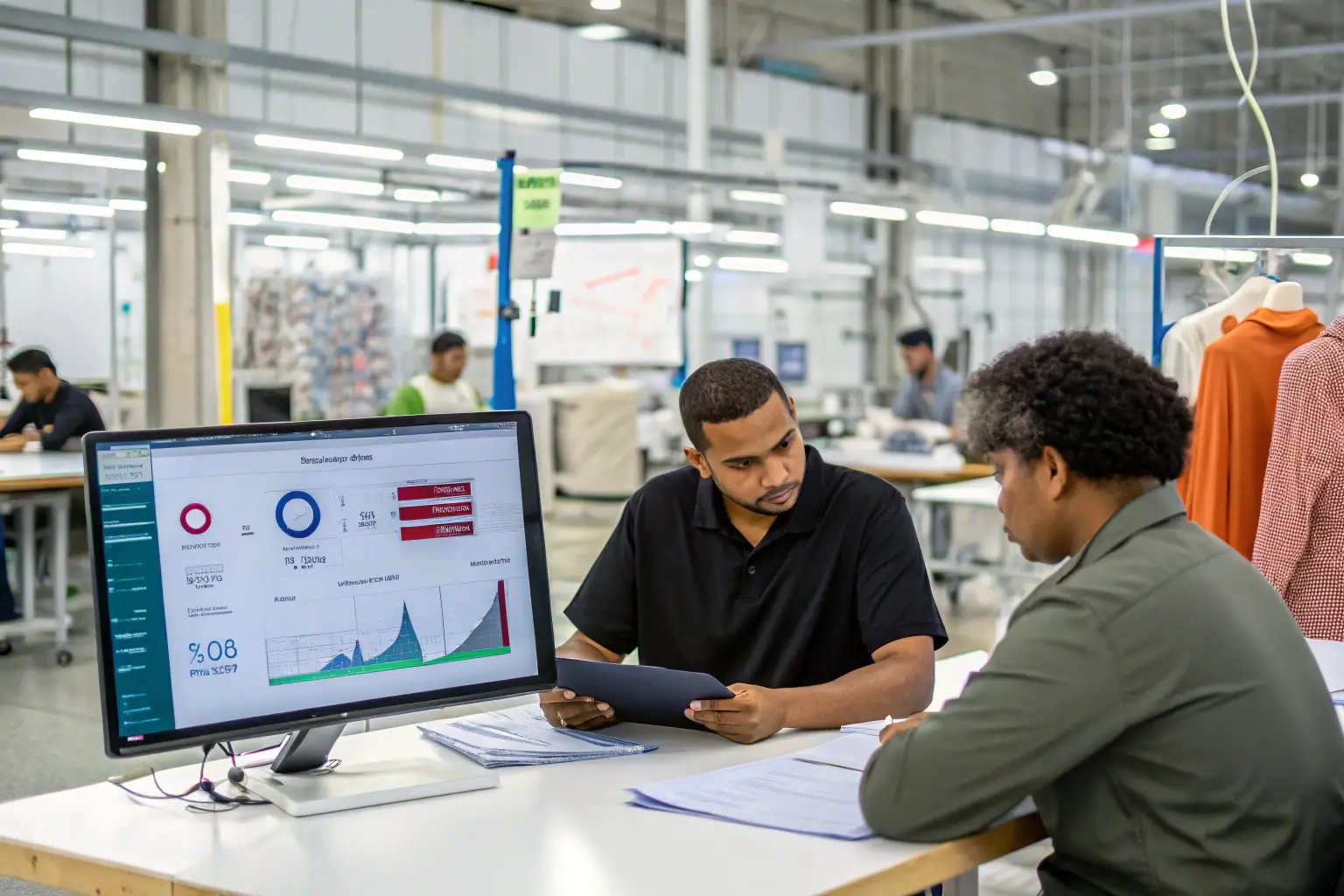 Two professionals analyzing production data in a clothing factory